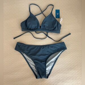 Cupshe Blue Boho Rhapsody Lace-Up Back Bralette & Hipster Bikini Set